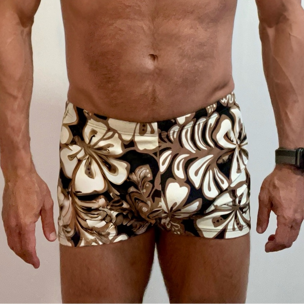 Men's Floral Swim Trunks - Brown and Cream